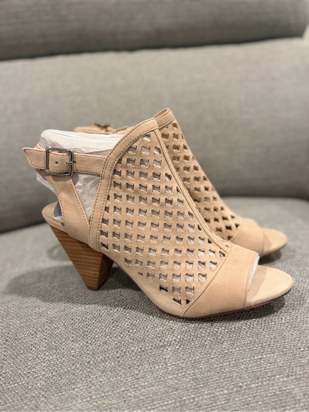 Vince Camuto Perforated Peep-Toe Block Heel Sandals - Nude